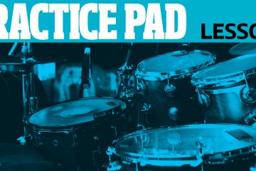 practice pad lesson drum set with blue background